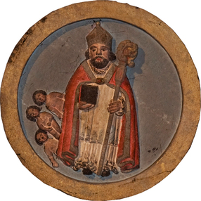 Keystone representing the original destination of the chapel : Saint Nicholas